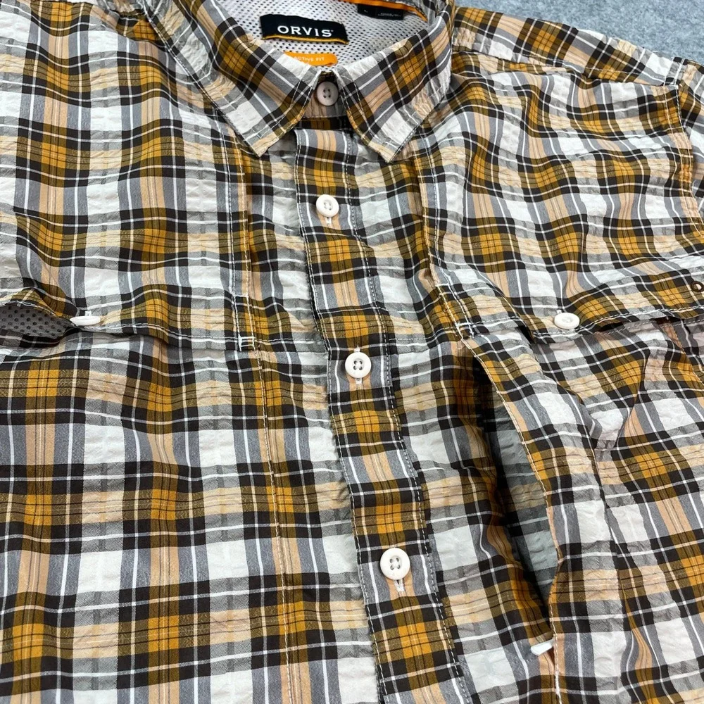 Orvis Mens Shirt L Plaid (Yellow, White, Brown, Gray) Plaid Long Sleeve